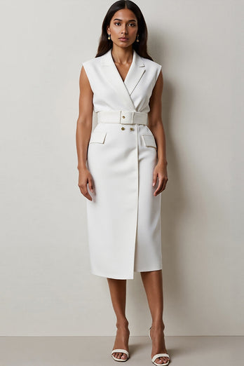 White Pencil Notched Lapel Midi Work Blazer Dress with Belt