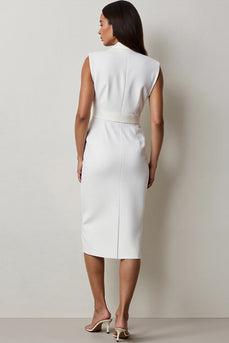 White Pencil Notched Lapel Midi Work Blazer Dress with Belt