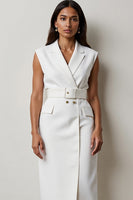 Load image into Gallery viewer, White Pencil Notched Lapel Midi Work Blazer Dress with Belt