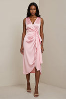 Load image into Gallery viewer, Pink Sheath Satin Midi Work Dress with Sash