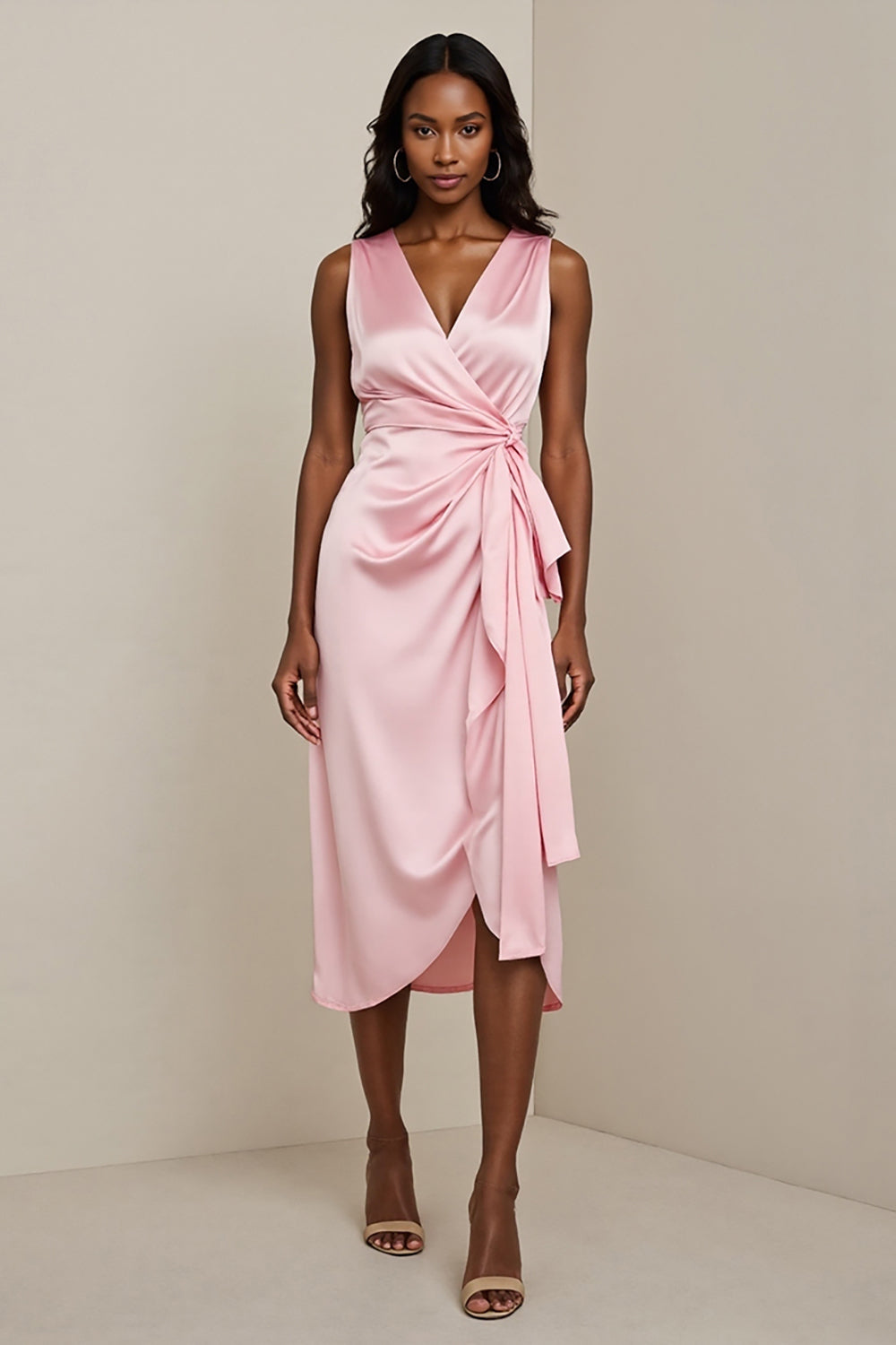 Pink Sheath Satin Midi Work Dress with Sash