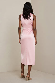 Pink Sheath Satin Midi Work Dress with Sash