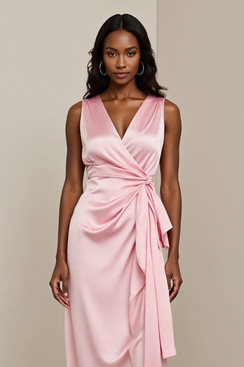Pink Sheath Satin Midi Work Dress with Sash