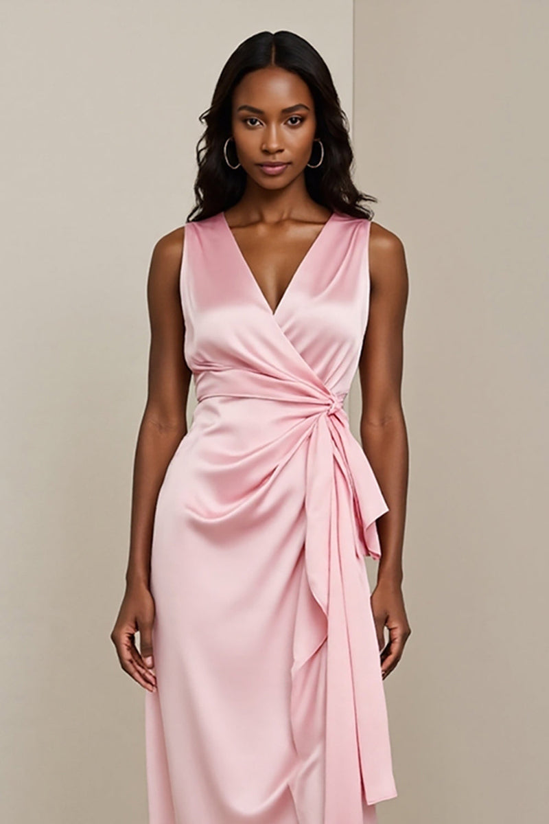 Load image into Gallery viewer, Pink Sheath Satin Midi Work Dress with Sash