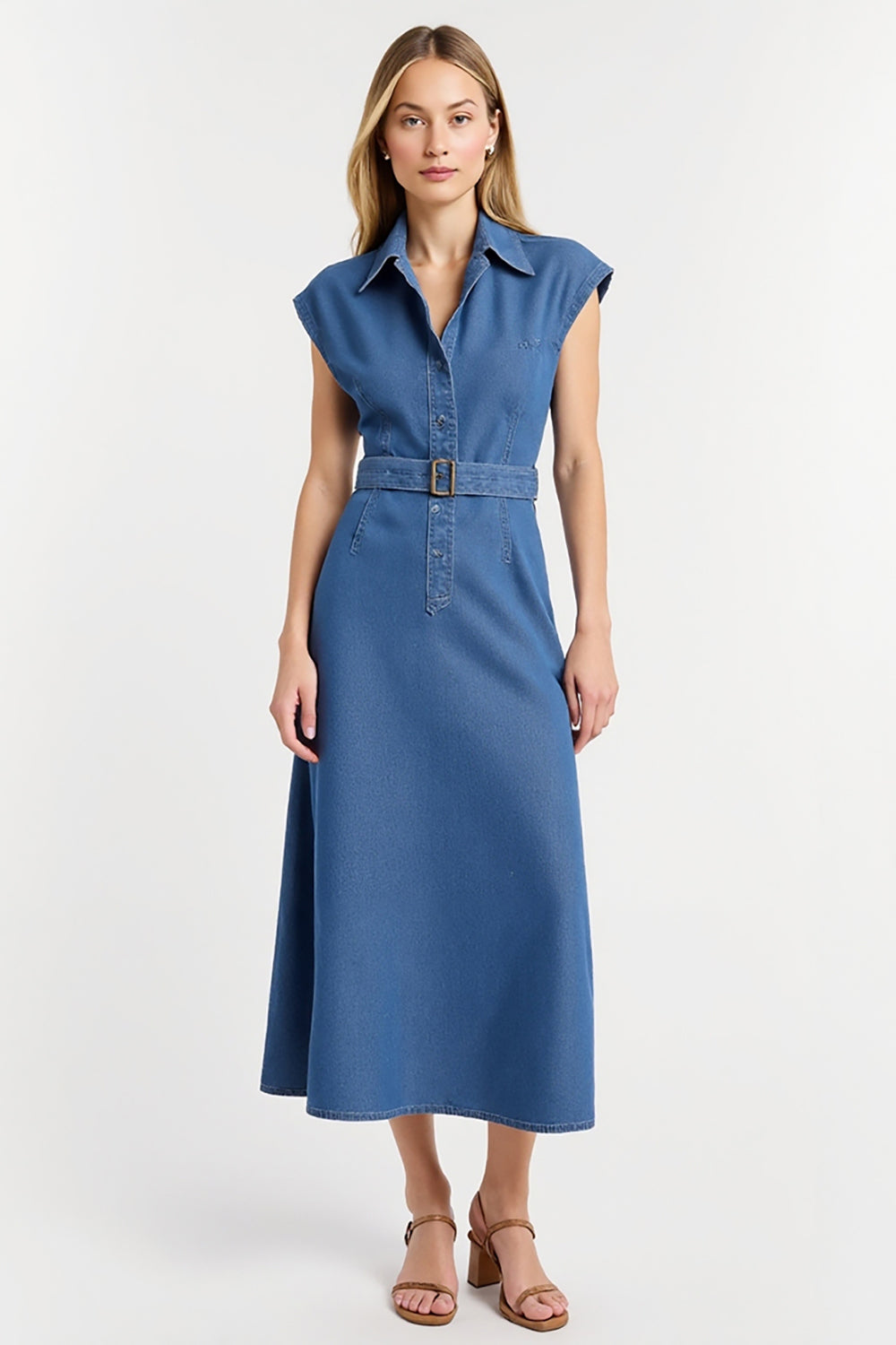 Grey Blue Collar Cap Sleeves Maxi Work Dress with Belt