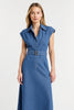 Load image into Gallery viewer, Grey Blue Collar Cap Sleeves Maxi Work Dress with Belt