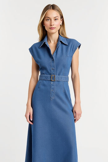 Grey Blue Collar Cap Sleeves Maxi Work Dress with Belt