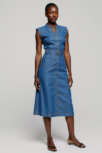 Grey Blue Single Breasted Midi A Line Work Dress with Belt