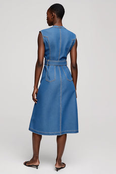Grey Blue Single Breasted Midi A Line Work Dress with Belt