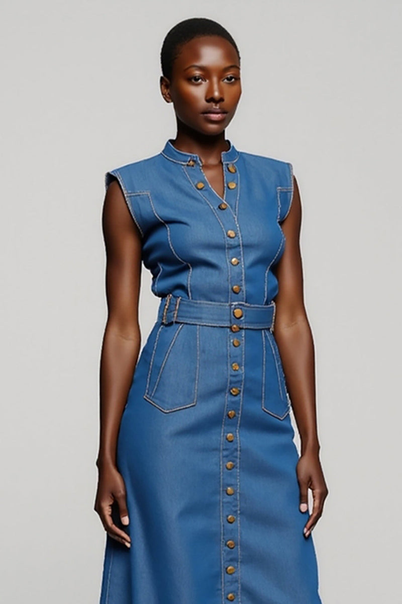 Load image into Gallery viewer, Grey Blue Single Breasted Midi A Line Work Dress with Belt