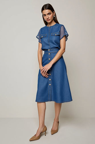 Grey Blue A Line Round Neck Midi Work Dress with Short Sleeves
