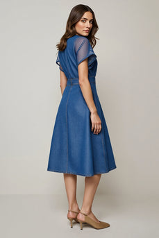 Grey Blue A Line Round Neck Midi Work Dress with Short Sleeves