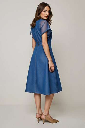 Grey Blue A Line Round Neck Midi Work Dress with Short Sleeves