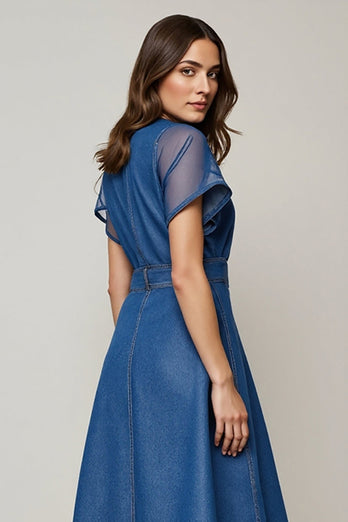 Grey Blue A Line Round Neck Midi Work Dress with Short Sleeves