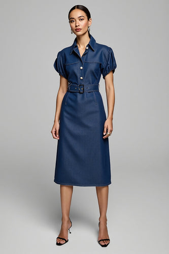 Blue Pencil Collar Midi Denim Work Dress with Belt