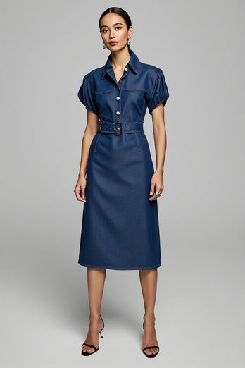 Blue Pencil Collar Midi Denim Work Dress with Belt