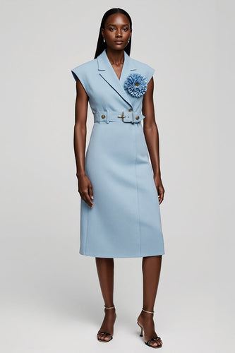 Floral Light Blue Notched Lapel Midi Blazer Dress with Belt