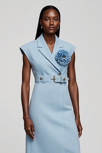 Floral Light Blue Notched Lapel Midi Blazer Dress with Belt