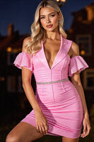 Load image into Gallery viewer, Pink Corset Bodycon Ruched Short Homecoming Dress with Ruffles