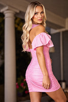 Load image into Gallery viewer, Pink Corset Bodycon Ruched Short Homecoming Dress with Ruffles