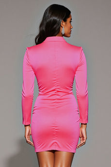 Fuchsia Bodycon Notched Lapel Long Sleeves Blazer Dress