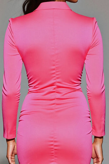 Fuchsia Bodycon Notched Lapel Long Sleeves Blazer Dress