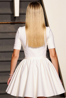 White V-Neck Corset A Line Short Sleeves Work Dress