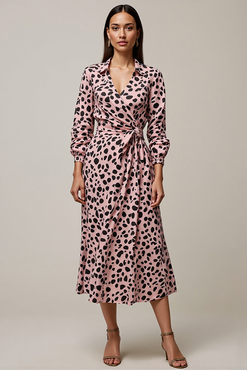 Pink Leopard Printed Long Sleeves Ruched Maxi Work Dress