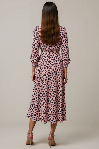 Pink Leopard Printed Long Sleeves Ruched Maxi Work Dress