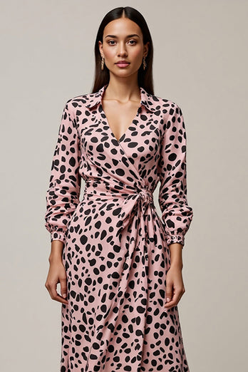 Pink Leopard Printed Long Sleeves Ruched Maxi Work Dress