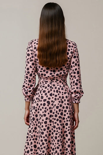 Pink Leopard Printed Long Sleeves Ruched Maxi Work Dress