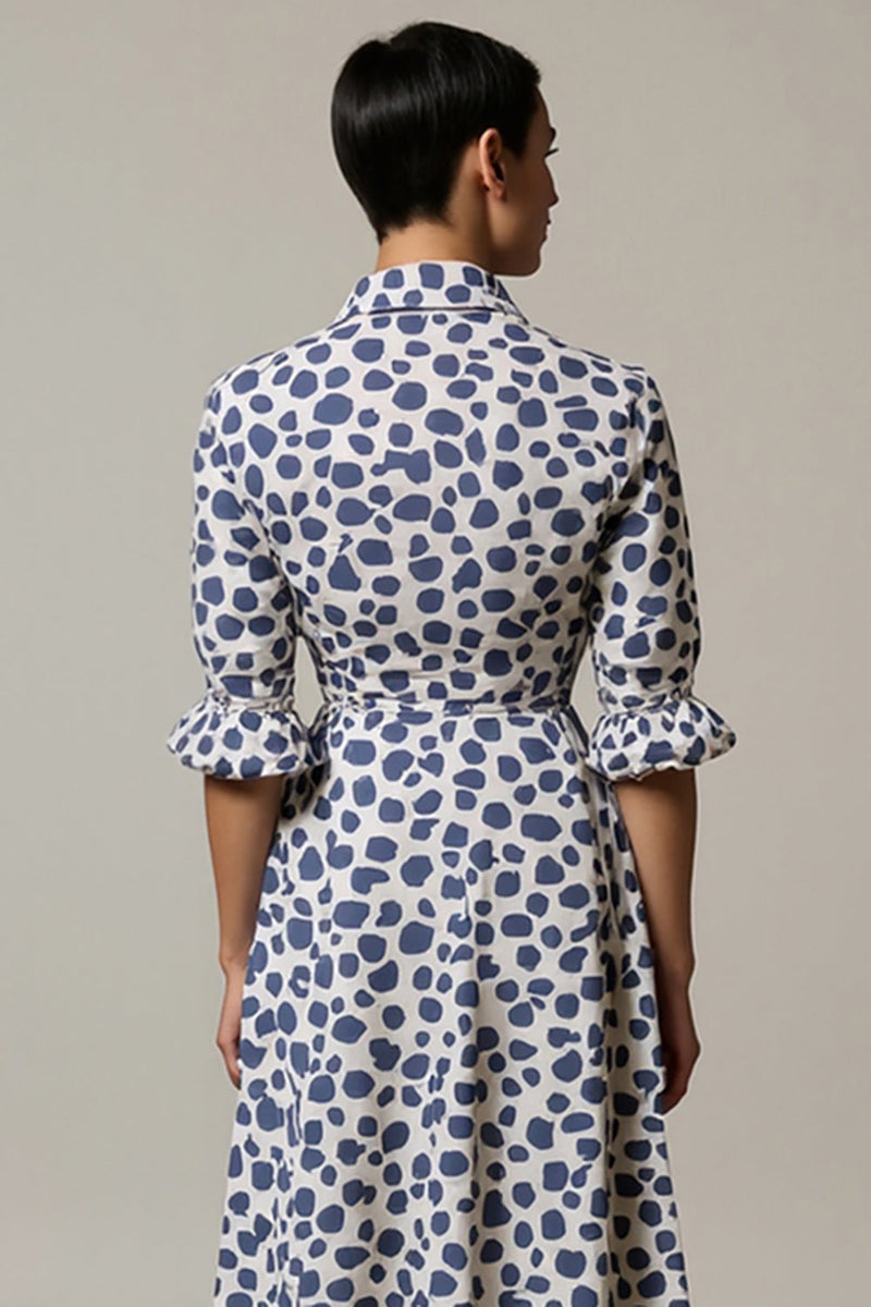 Load image into Gallery viewer, White and Blue Leopard Printed A Line Collar Maxi Work Dress