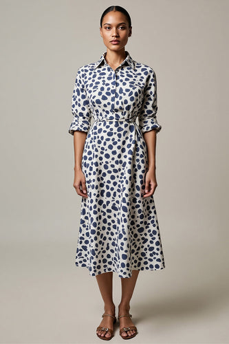 White and Blue Leopard Printed A Line Collar Maxi Work Dress