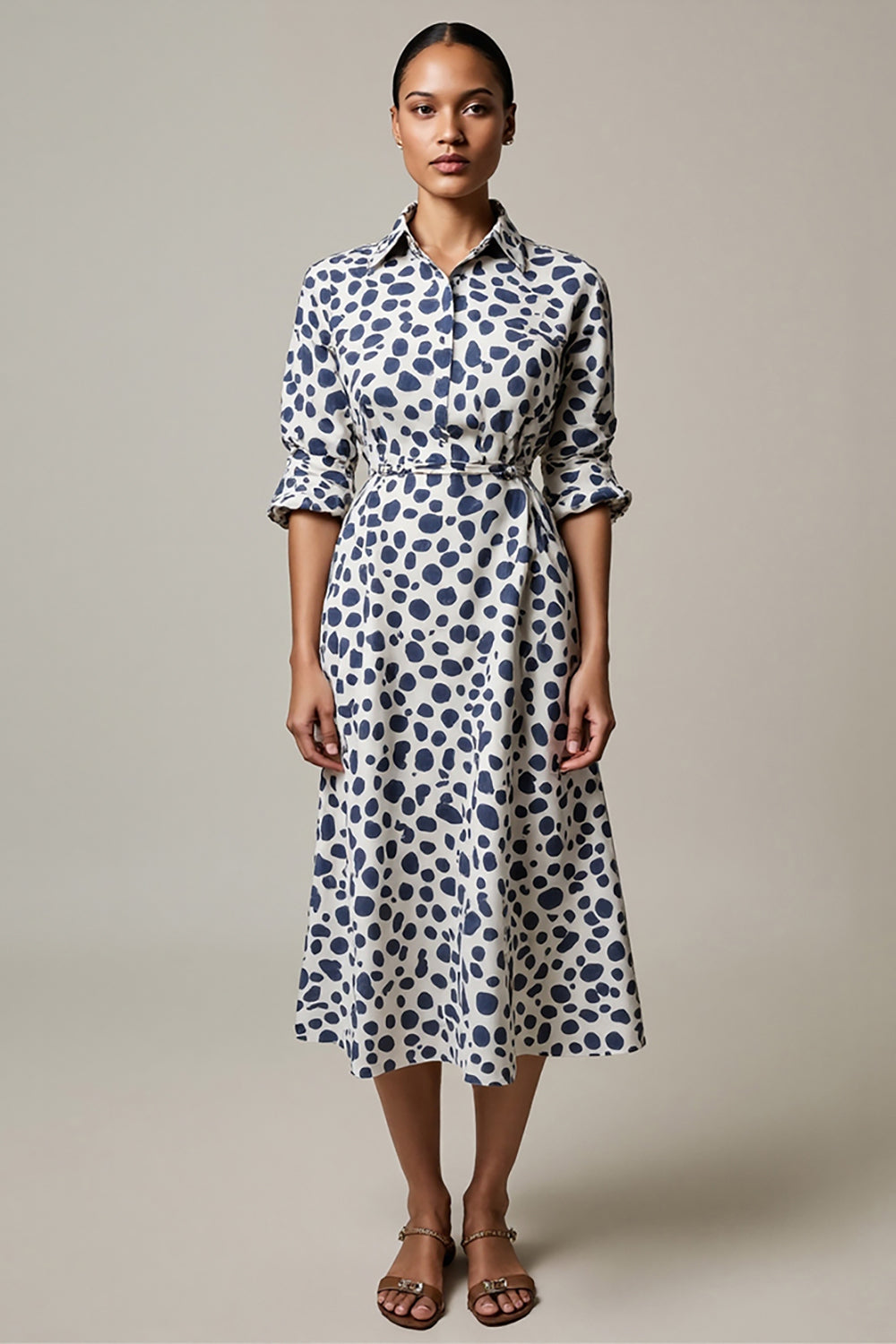 White and Blue Leopard Printed A Line Collar Maxi Work Dress