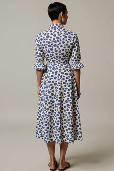 White and Blue Leopard Printed A Line Collar Maxi Work Dress