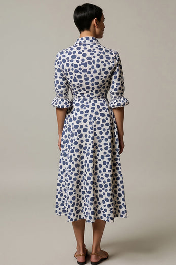 White and Blue Leopard Printed A Line Collar Maxi Work Dress