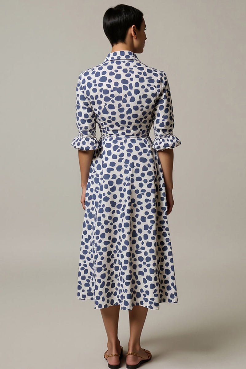 Load image into Gallery viewer, White and Blue Leopard Printed A Line Collar Maxi Work Dress