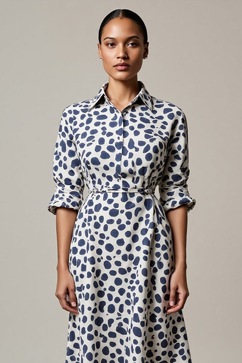 Load image into Gallery viewer, White and Blue Leopard Printed A Line Collar Maxi Work Dress
