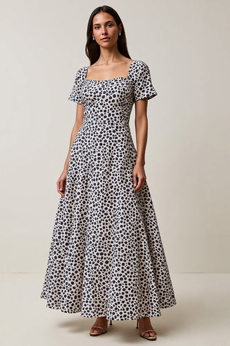White and Blue Leopard Printed A Line Maxi Work Dress with Sleeves