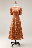 Load image into Gallery viewer, Floral Orange Printed A Line Satin Maxi Work Dress with Sleeves