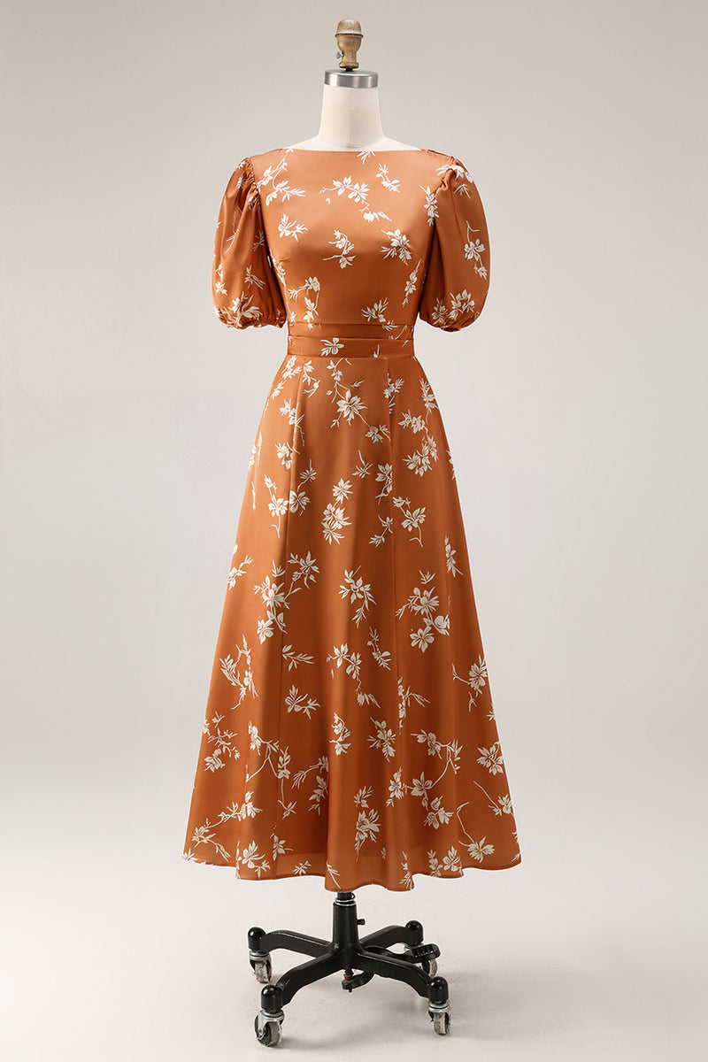 Load image into Gallery viewer, Floral Orange Printed A Line Satin Maxi Work Dress with Sleeves