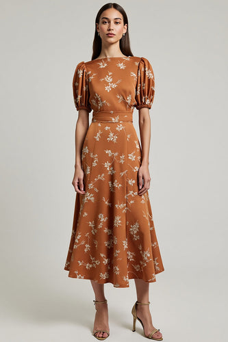 Floral Orange Printed A Line Satin Maxi Work Dress with Sleeves