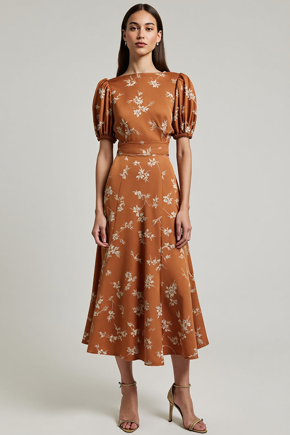 Floral Orange Printed A Line Satin Maxi Work Dress with Sleeves