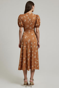 Floral Orange Printed A Line Satin Maxi Work Dress with Sleeves
