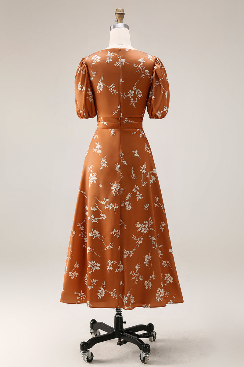 Load image into Gallery viewer, Floral Orange Printed A Line Satin Maxi Work Dress with Sleeves