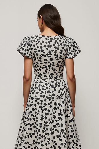 Black and White Leopard Printed Maxi Work Dress with Short Sleeves