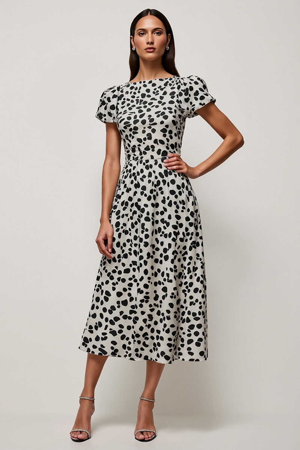 Black and White Leopard Printed Maxi Work Dress with Short Sleeves