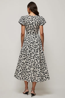 Black and White Leopard Printed Maxi Work Dress with Short Sleeves