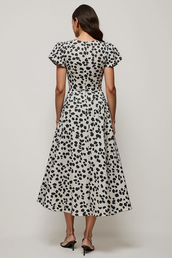 Black and White Leopard Printed Maxi Work Dress with Short Sleeves