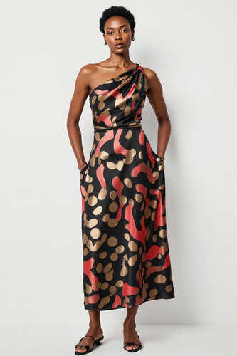 Black Printed One Shoulder A Line Maxi Work Dress with Pockets
